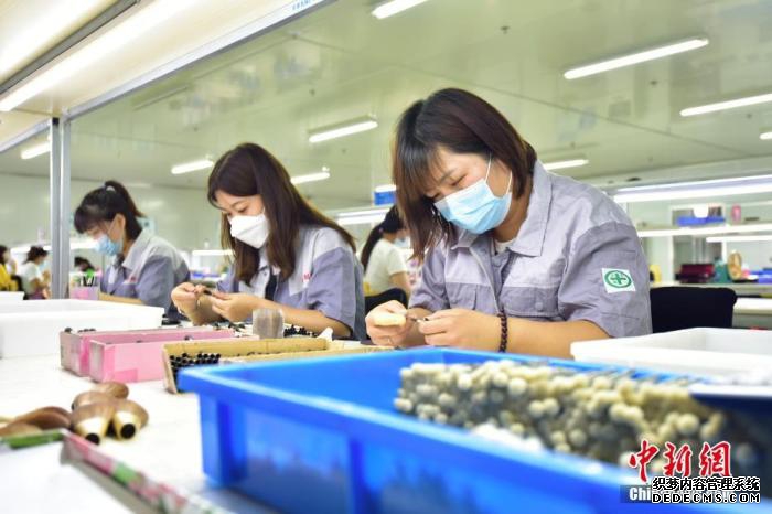 资料图为2022年6月9日，青县某制刷厂生产线上，员工们在对化妆刷进行修型。 <a target='_blank' href='/'>中新社</a>发 尹向平 摄